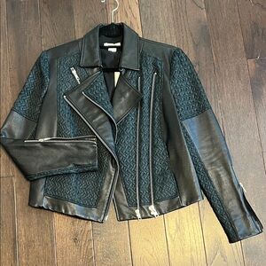 Helmut Lang Black Leather Jacket with Deep Blue Jacquard Panels